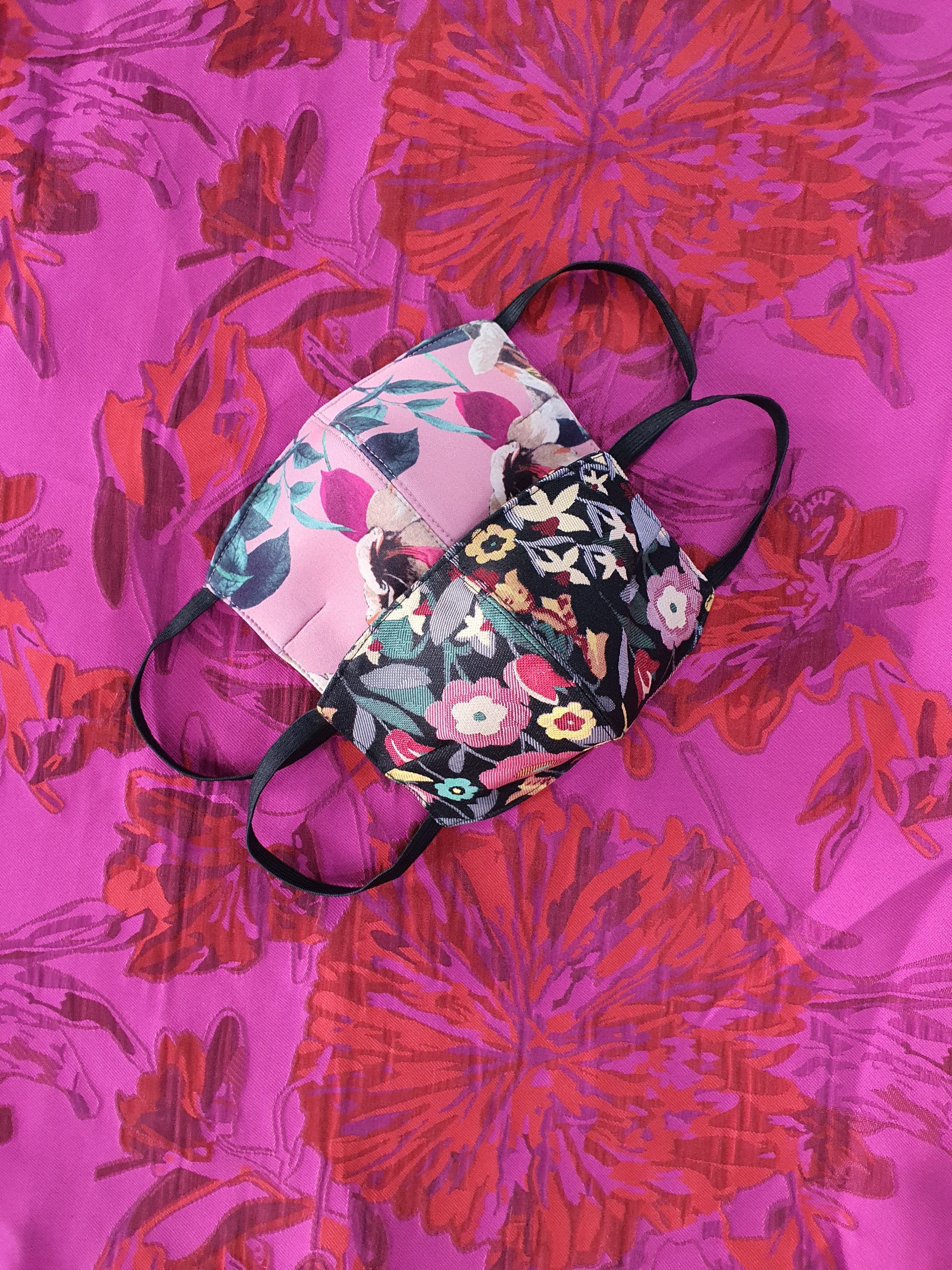 Old Rose Neoprene and Black Floral Silk Brocade Face Mask Set