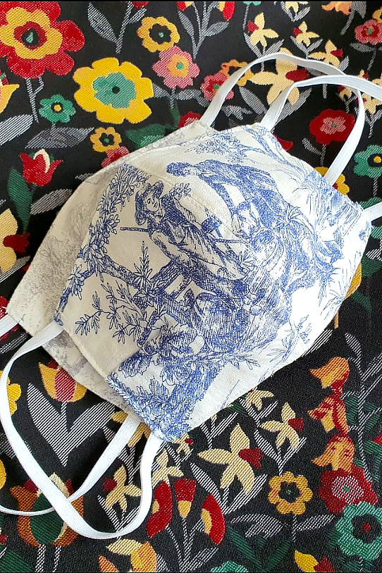 Cotton Toile du Jouy Face Masks in Blue and Grey (Set 2B)