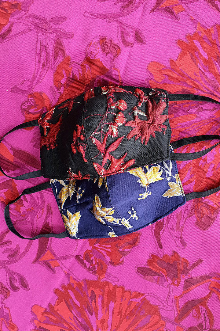 Black and Midnight Blue Floral Silk Brocade Face Mask Set