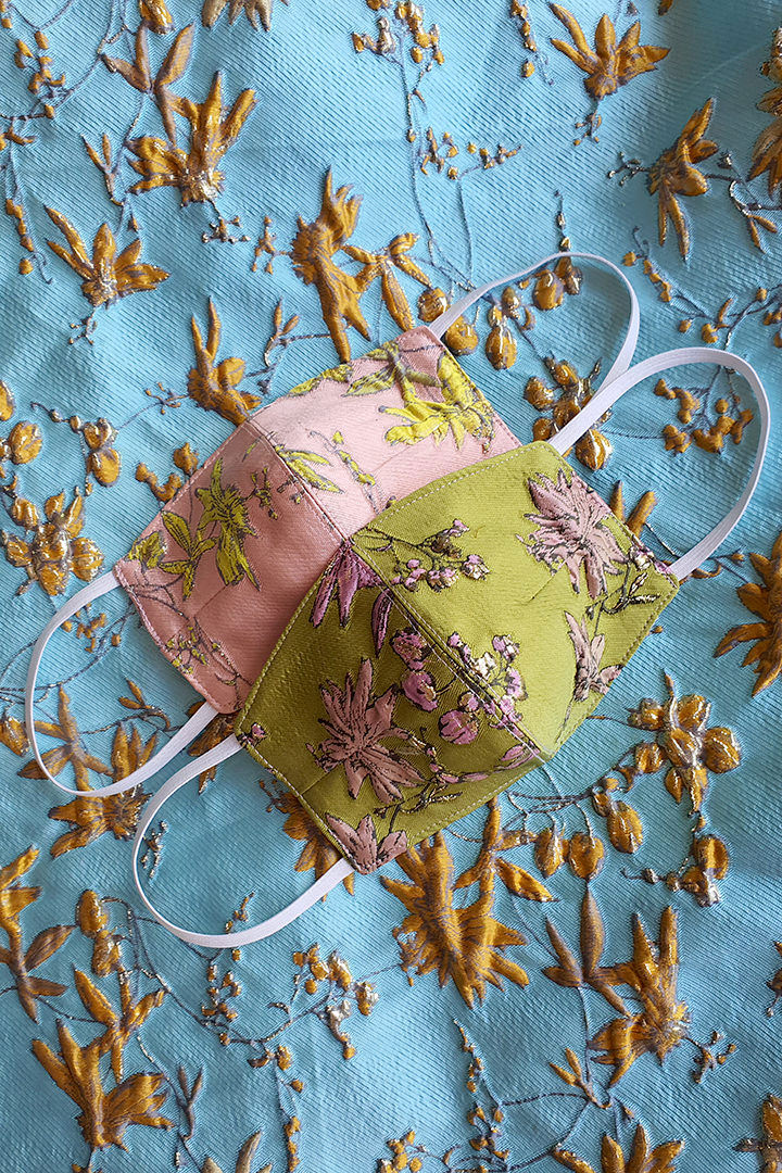 Atelier-Debbie-Co-Face-Mask-Set-Chartreuse-and-Blush-Floral-Silk-Brocade Chartreuse and Blush Floral Silk Brocade Face Mask Set - Image 1