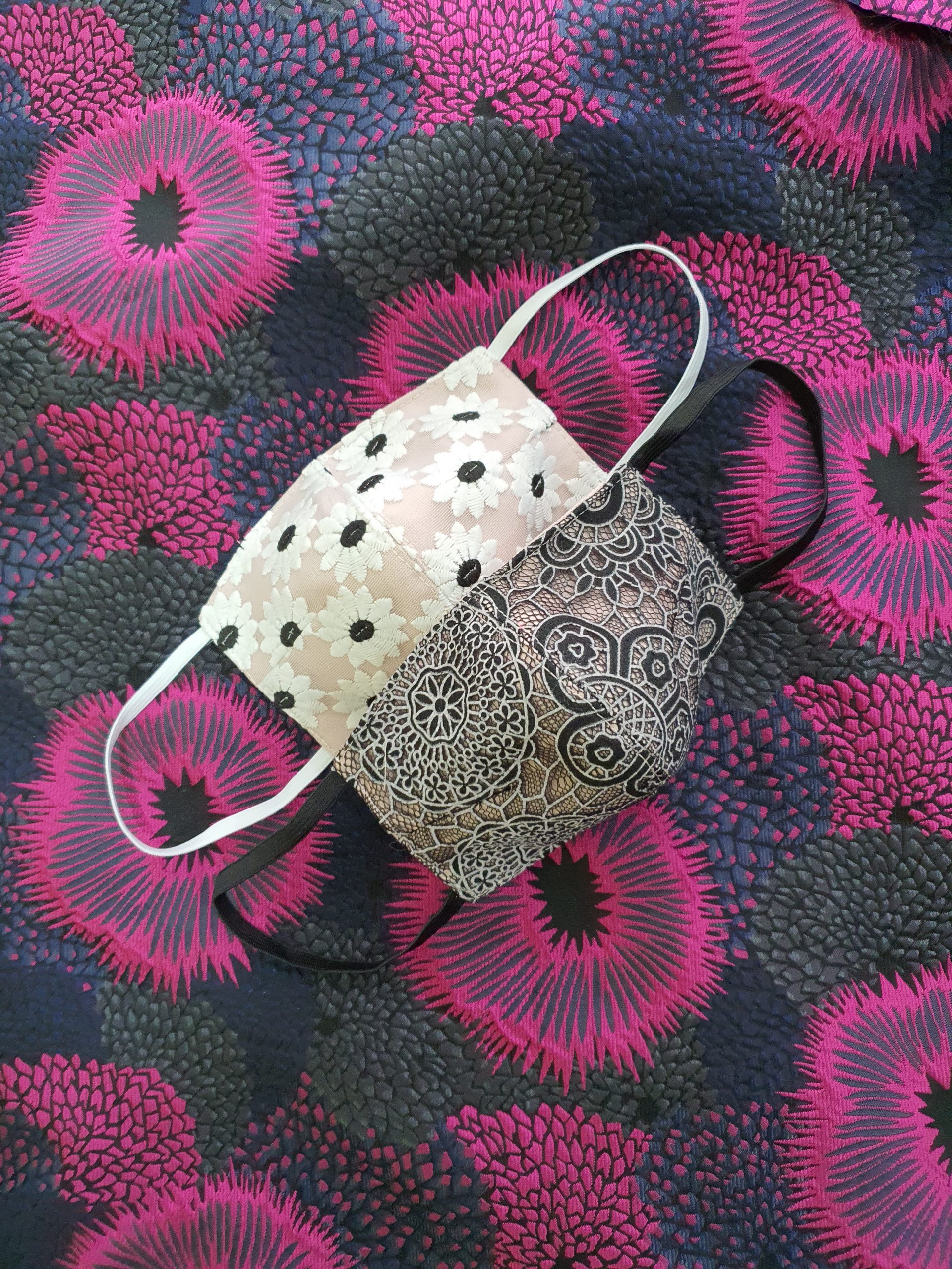Black and White Floral Eyelet Face Mask Set