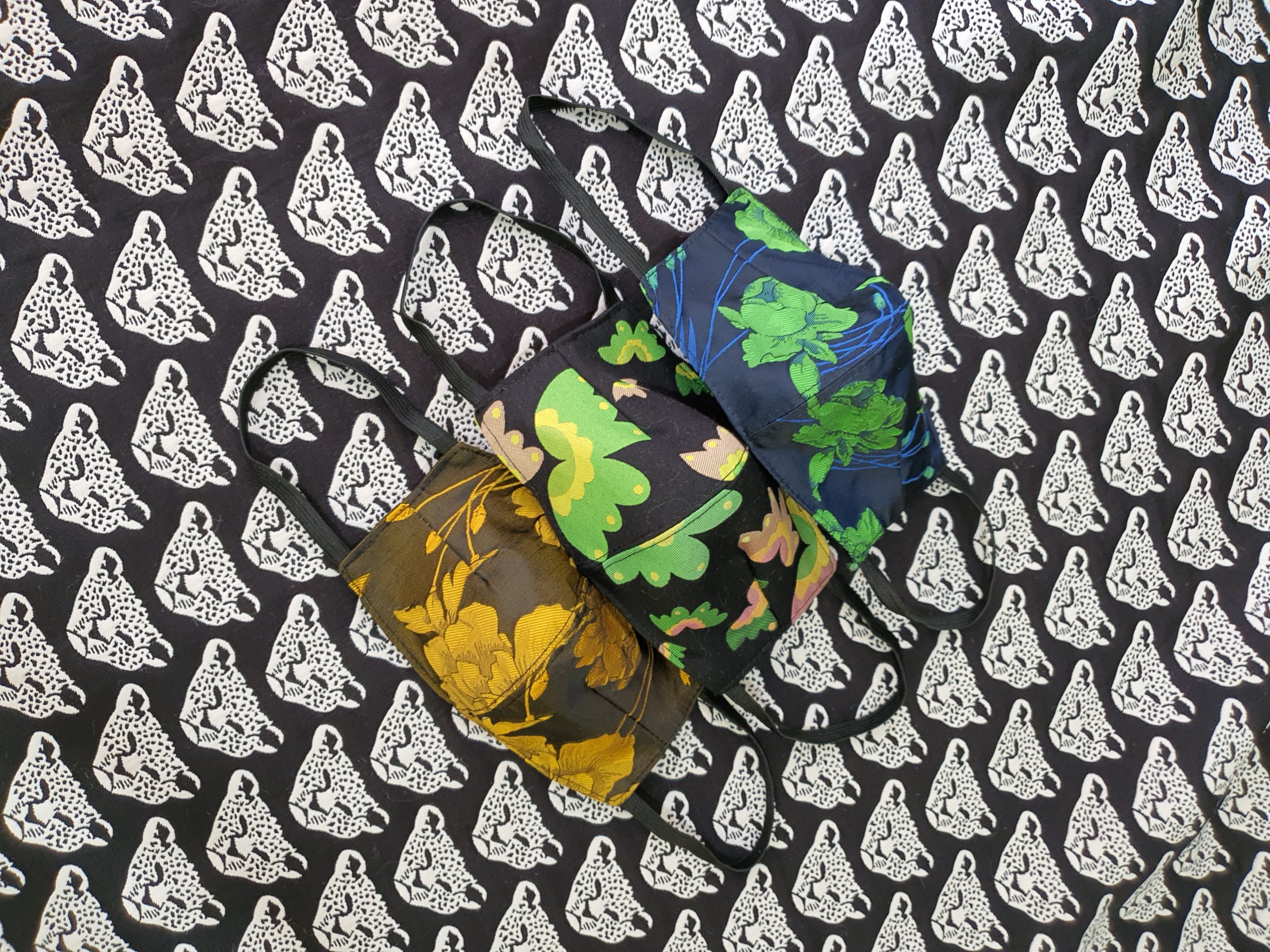20200709_134441 Black, Green and Marigold Floral Silk Brocade Trio Face Mask Set - Image 1