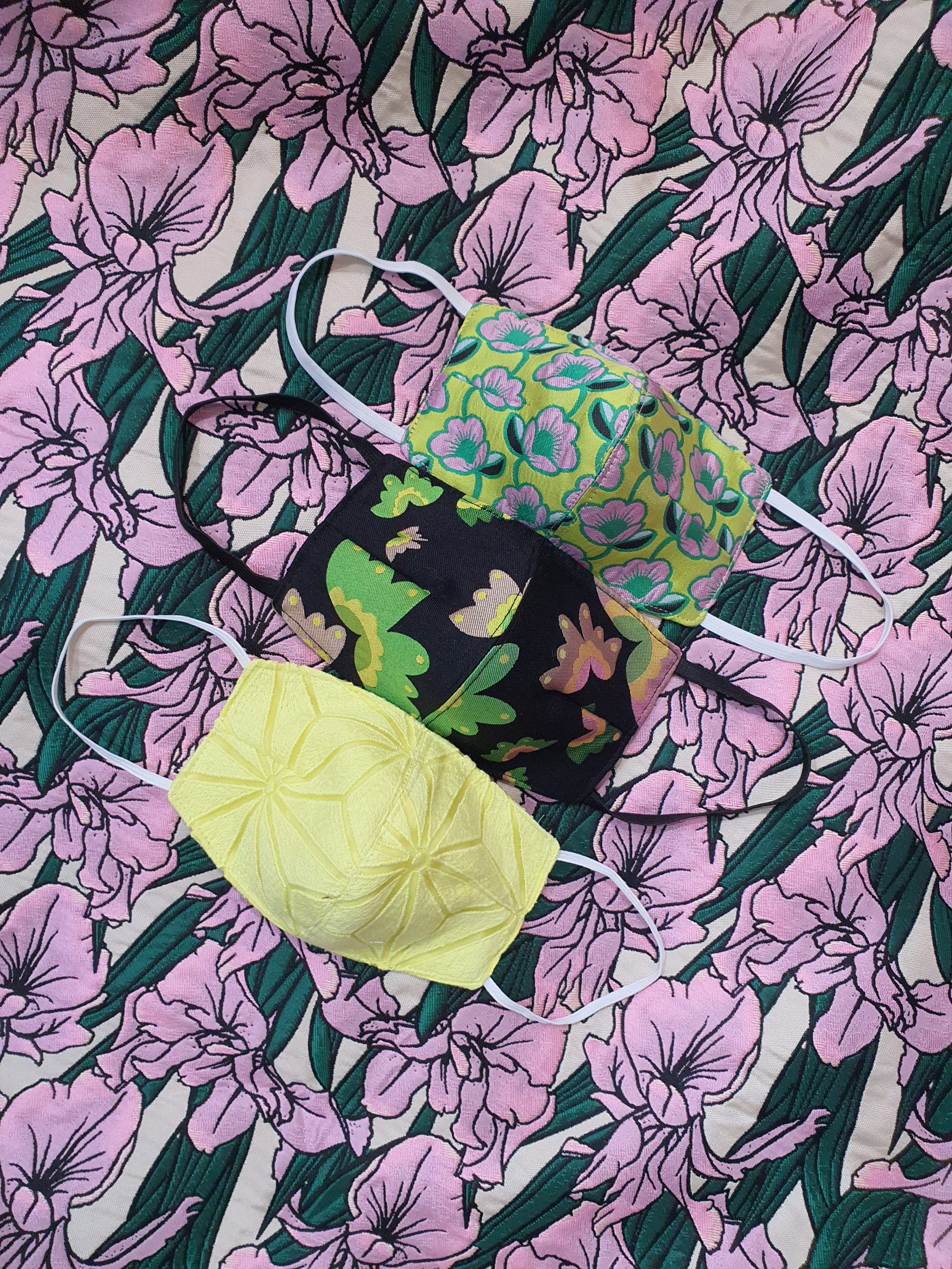 Chartreuse Floral Silk Brocade and Lace Trio Face Mask Set