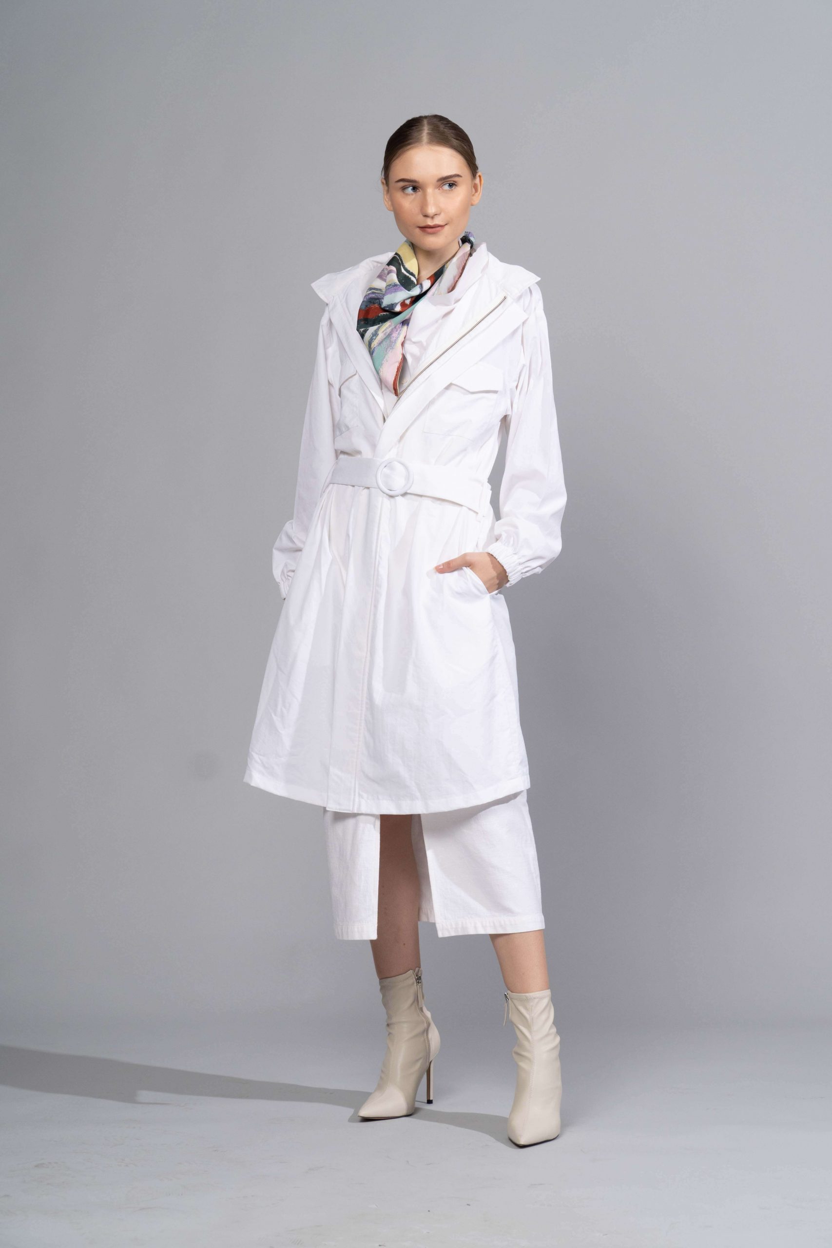Sadie in White Protective Outerwear Coat